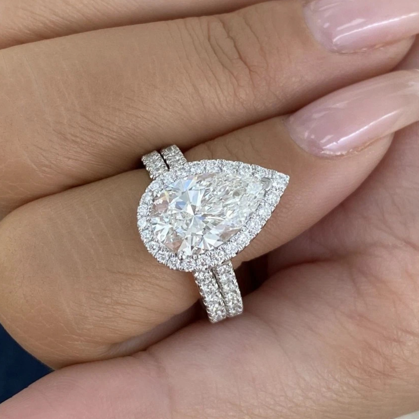 Parallel Double-Band Pear Cut Moissanite Halo Ring, view 4